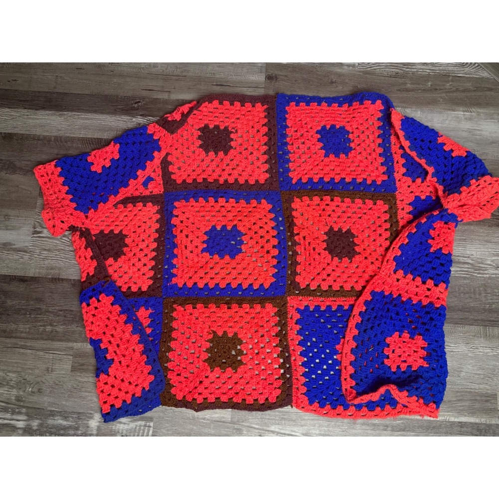 Handmade Granny Square Crochet Shawl Cardigan Pink Blue Brown Boho Blanket